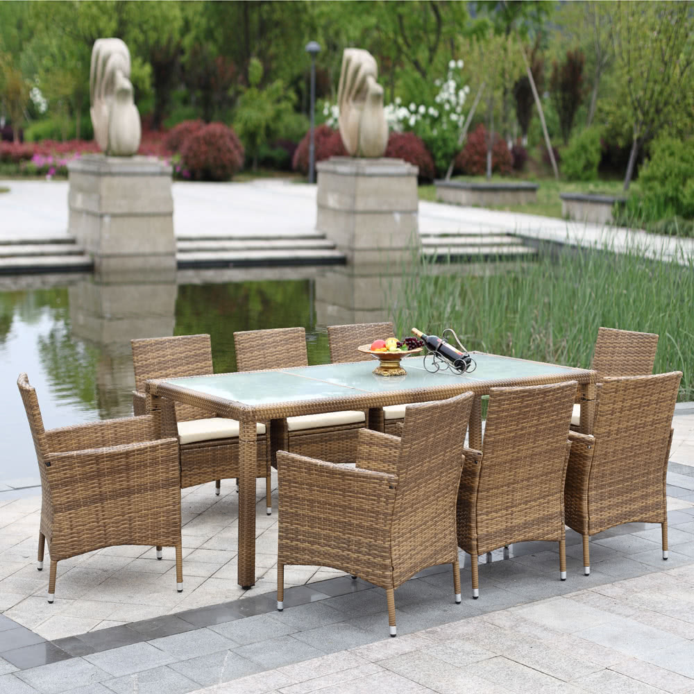 Only US$316.99, c-h0069ca iKayaa 9PCS Rattan Outdoor Patio Dinning Table Set Cushioned - Tomtop.com