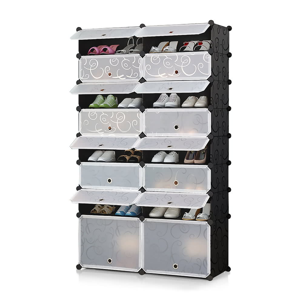 iKayaa Multi-Use 32 Pairs DIY Cube Plastic Shoes Rack 16 Grids Shoes Storage Cabinet Organizer Bookcase Water-Proof Toy Cloth Closet with Door