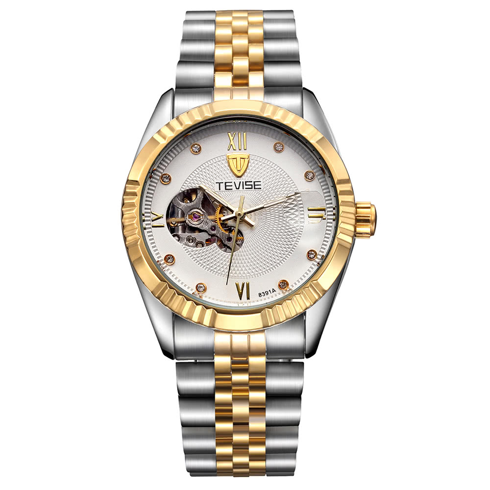 TEVISE Top Luxury Water-Resistant Luminous Skeleton Automatic Men Mechanical Watch Geunine Leather/Stainless Steel Man Business Wristwatch Self-Winding + Box