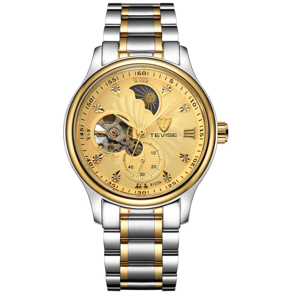 TEVISE Luxury Stainless Steel Skeleton Automatic Mechanical Men Watch Moon Phase 30M Water- Resistant Self-Winding Man Business Wristwatch + Box