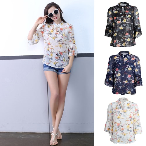 Fashion Women Chiffon Blouse Flower Print Cut Out Front Stand Collar Flare Sleeves Sexy Loose Top от Tomtop.com INT Fashion Women Chiffon Blouse Flower Print Cut Out Front Stand Collar Flare Sleeves Sexy Loose Top от Tomtop.com INT